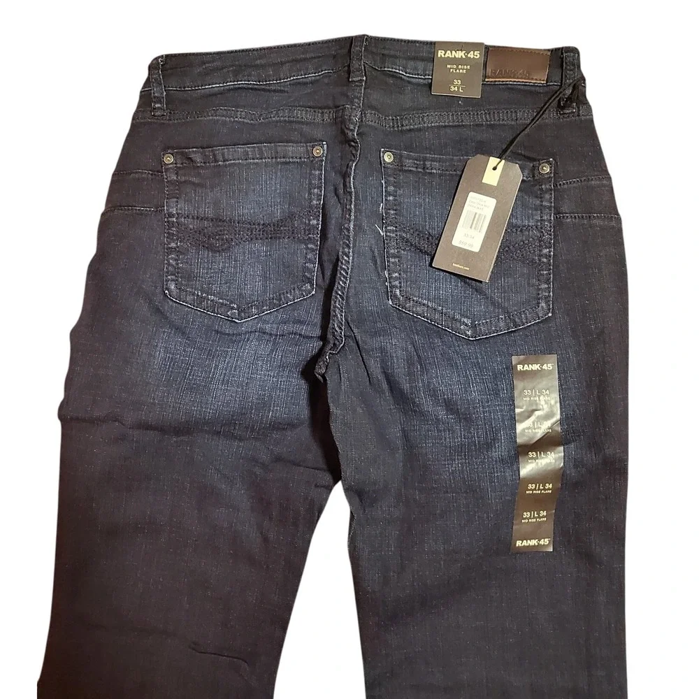 RANK 45 Mid Rise Flare Jeans Dark Wash Denim Women's Size 33 x 34 - Picture 5 of 6